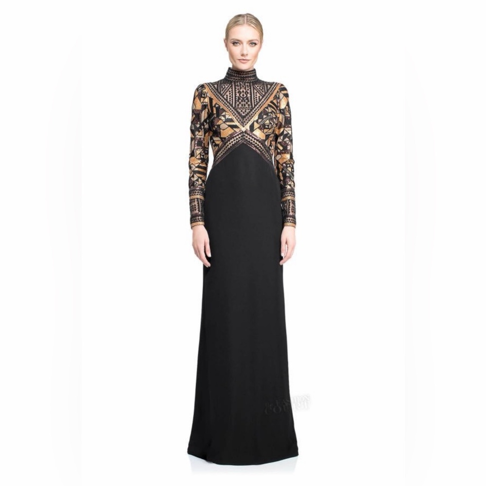 Tadashi Shoji Black and Gold Long Sleeve Dress